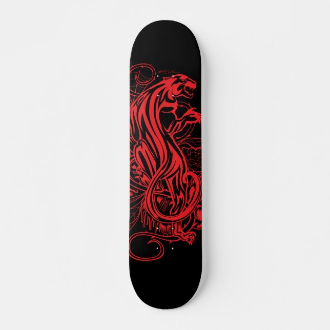 Solid Red Panther Gothic Tattoo Style Bold Skateboard (Front)