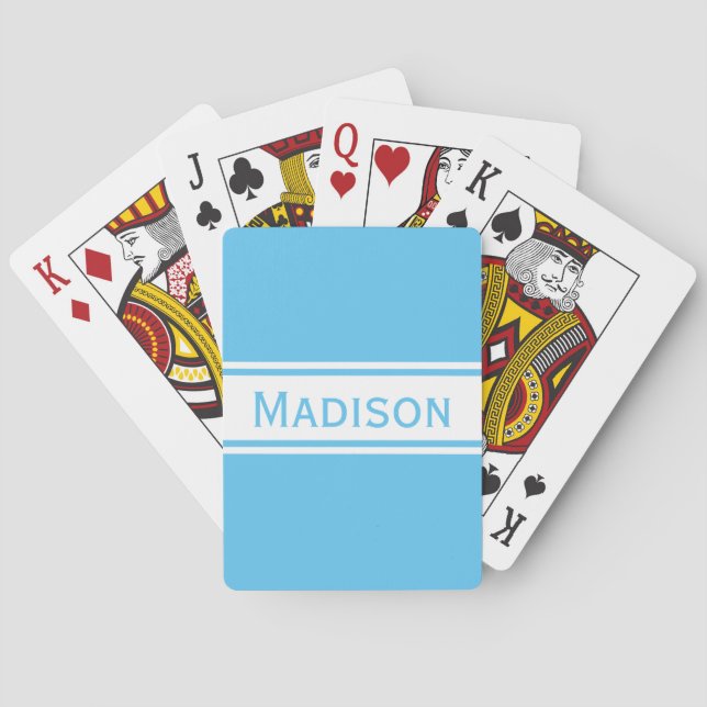 Solid Sky Blue White Stripes Modern Name Playing Cards (Back)