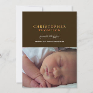 Solid sophistication brown yellow photo baby birth announcement