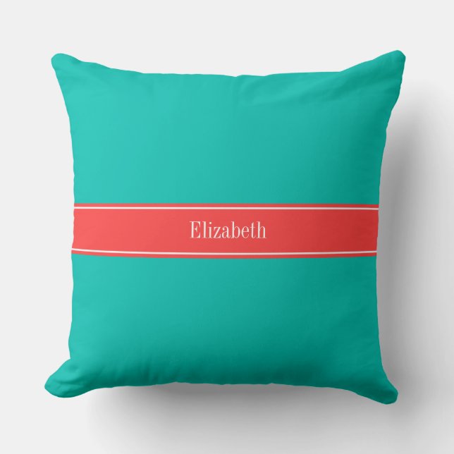 Solid Teal, Coral Red Ribbon Name Monogram Cushion (Front)