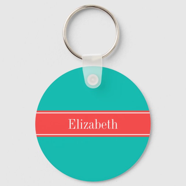 Solid Teal, Coral Red Ribbon Name Monogram Key Ring (Front)