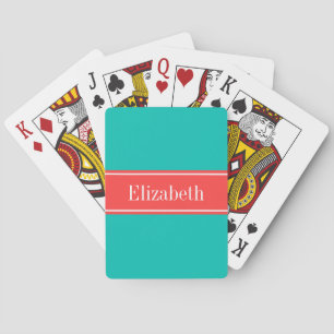 Solid Teal, Coral Red Ribbon Name Monogram Playing Cards