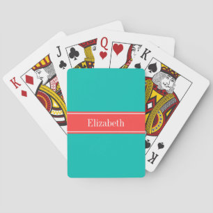 Solid Teal, Coral Red Ribbon Name Monogram Playing Cards