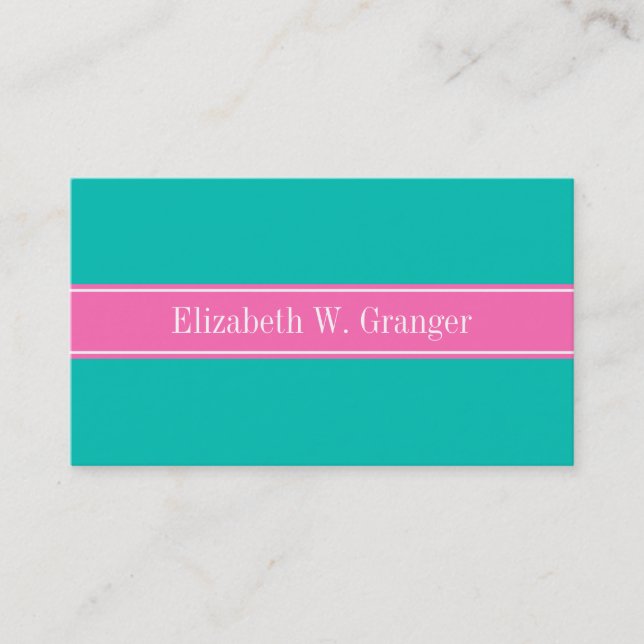 Solid Teal, Hot Pink #2 Ribbon Name Monogram Business Card (Front)