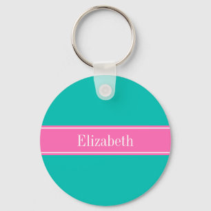 Solid Teal, Hot Pink #2 Ribbon Name Monogram Key Ring