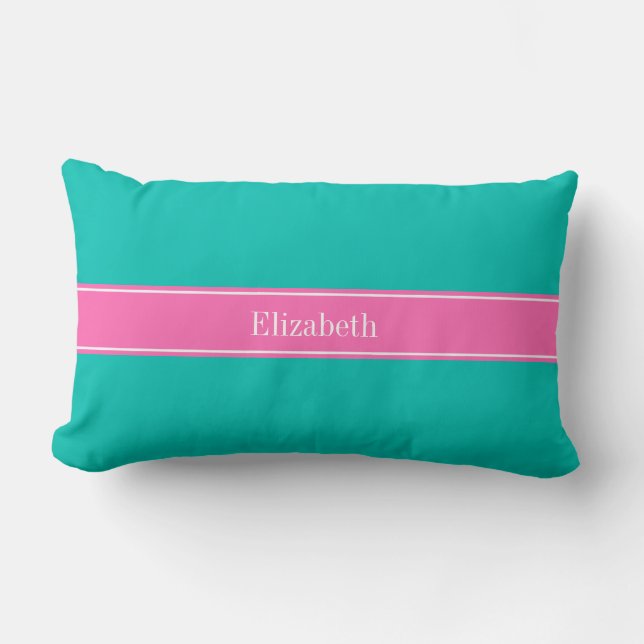 Solid Teal, Hot Pink #2 Ribbon Name Monogram Lumbar Cushion (Front)