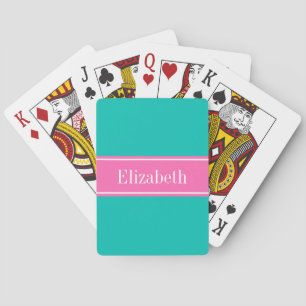 Solid Teal, Hot Pink #2 Ribbon Name Monogram Playing Cards