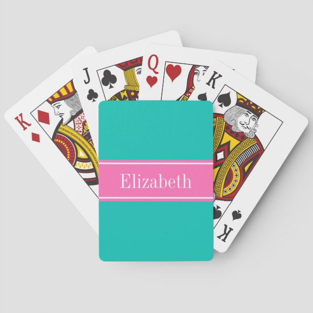 Solid Teal, Hot Pink #2 Ribbon Name Monogram Playing Cards (Back)