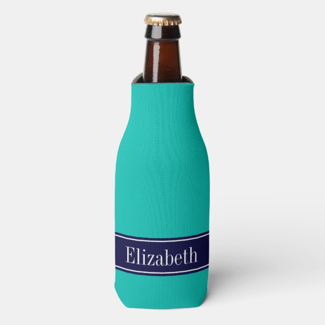 Solid Teal, Navy Blue Ribbon Name Monogram Bottle Cooler (Bottle Front)