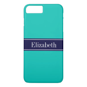 Solid Teal, Navy Blue Ribbon Name Monogram iPhone 8 Plus/7 Plus Case
