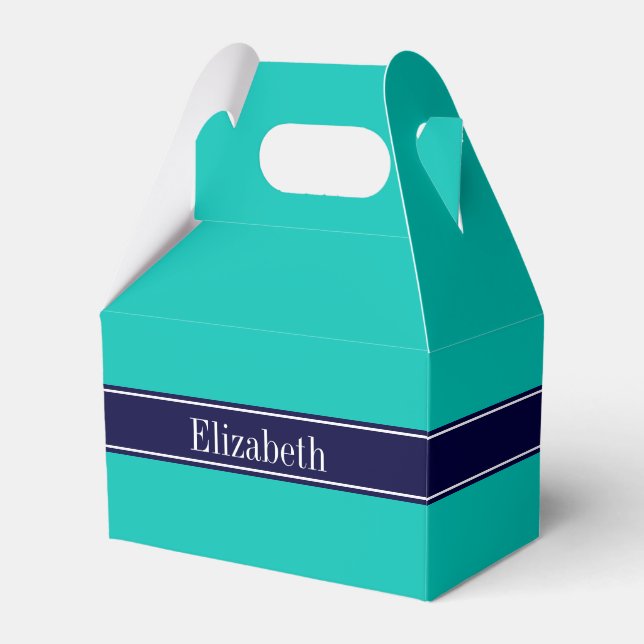 Solid Teal, Navy Blue Ribbon Name Monogram Favour Box (Front Side)
