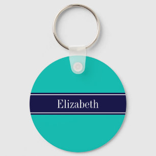 Solid Teal, Navy Blue Ribbon Name Monogram Key Ring