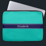Solid Teal, Navy Blue Ribbon Name Monogram Laptop Sleeve<br><div class="desc">Solid Teal Background, Navy Blue Ribbon Name Monogram Customise this with your name, monogram or other text. You can also change the font, adjust the font size and font colour, move the text, add additional text fields, etc. Please note that this is a digitally created graphic design that's transferred to...</div>