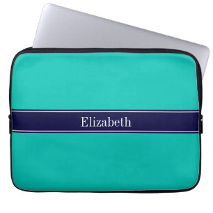 Solid Teal, Navy Blue Ribbon Name Monogram Laptop Sleeve