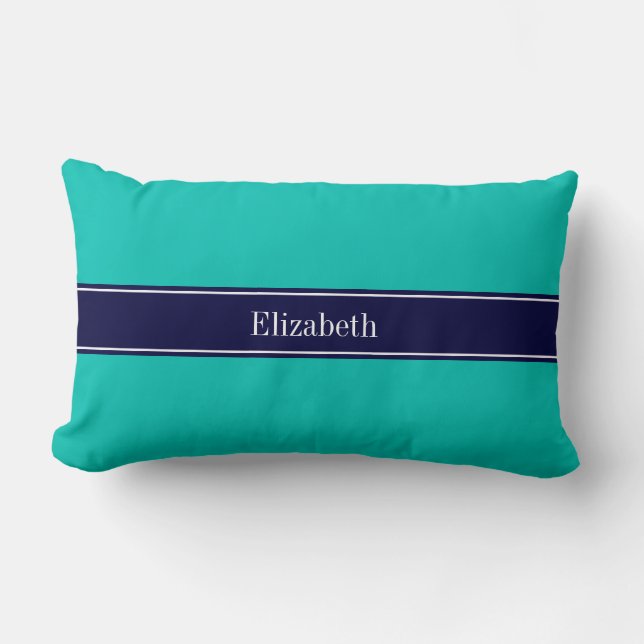 Solid Teal, Navy Blue Ribbon Name Monogram Lumbar Cushion (Front)