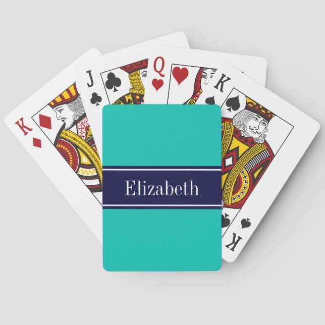 Solid Teal, Navy Blue Ribbon Name Monogram Playing Cards (Back)