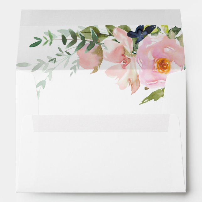 Solid White with Blush Pink Floral Spray Wedding Envelope (Back (Bottom))