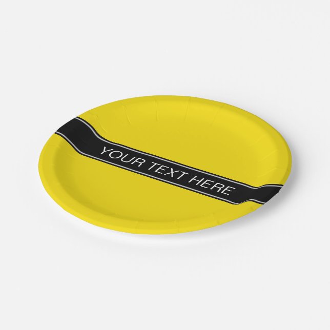 Solid Yellow, Black Ribbon Name Monogram Paper Plate (Angled)