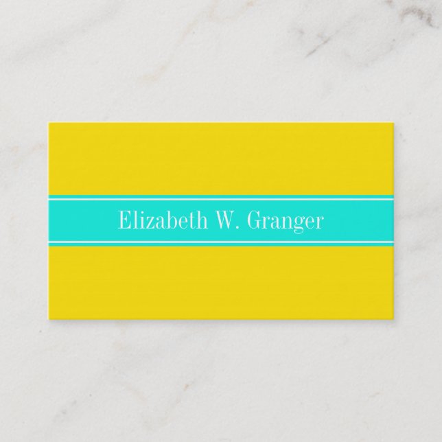 Solid Yellow, Bright Aqua Ribbon Name Monogram Business Card (Front)