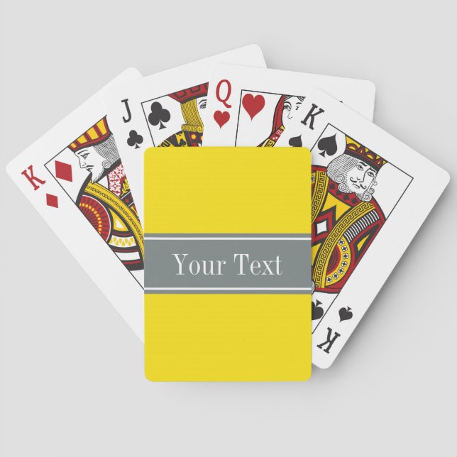 Solid Yellow, Charcoal Grey Ribbon Name Monogram Playing Cards (Back)