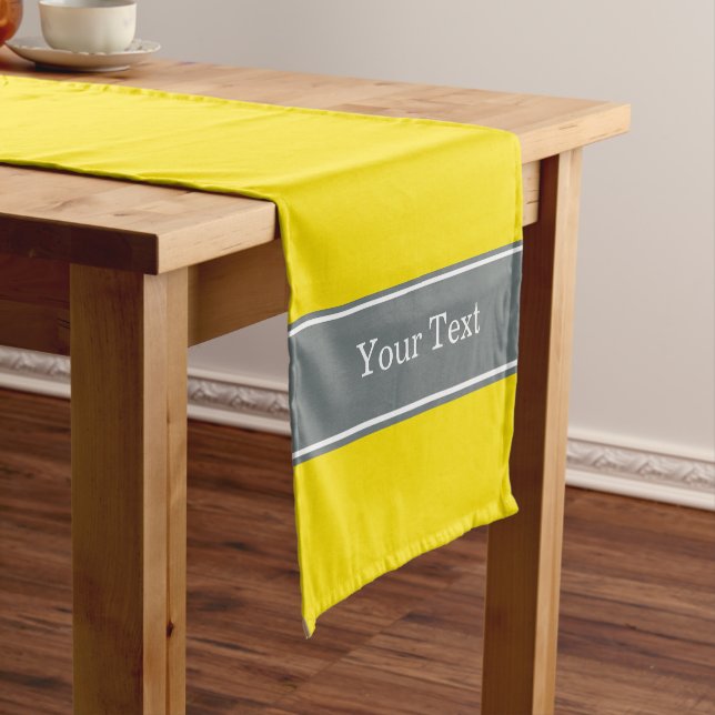 Solid Yellow, Charcoal Grey Ribbon Name Monogram Short Table Runner (In Situ)