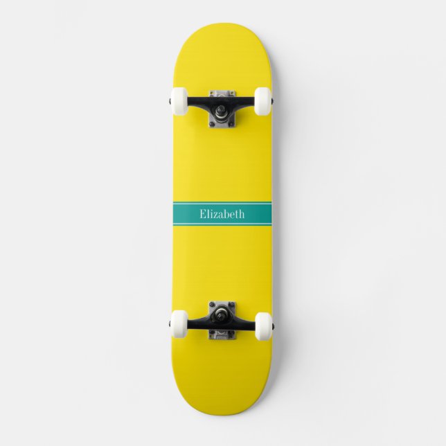 Solid Yellow, Dark Teal Ribbon Name Monogram Skateboard (Front)