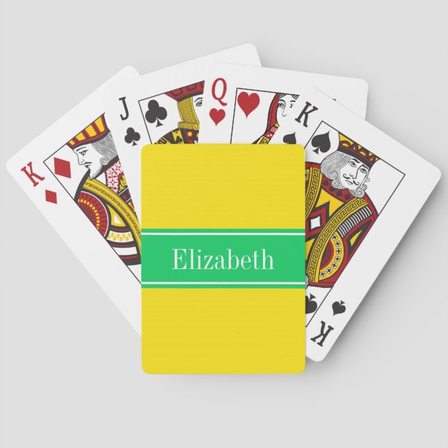 Solid Yellow, Emerald Green Ribbon Name Monogram Playing Cards (Back)