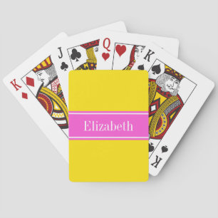 Solid Yellow Hot Pink Ribbon Name Monogram Playing Cards