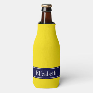 Solid Yellow, Navy Blue Ribbon Name Monogram Bottle Cooler
