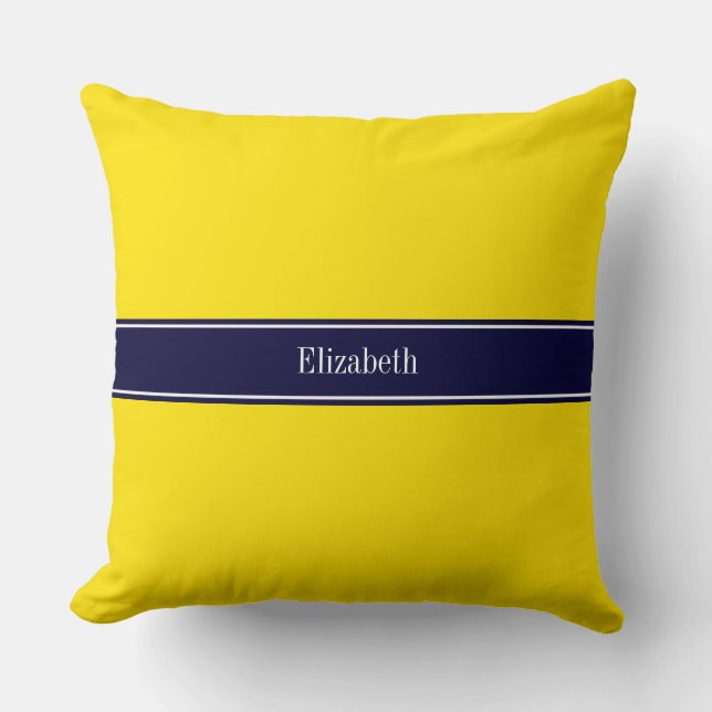 Solid Yellow, Navy Blue Ribbon Name Monogram Cushion (Front)