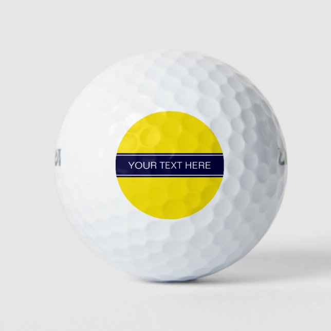 Solid Yellow, Navy Blue Ribbon Name Monogram Golf Balls (Front)
