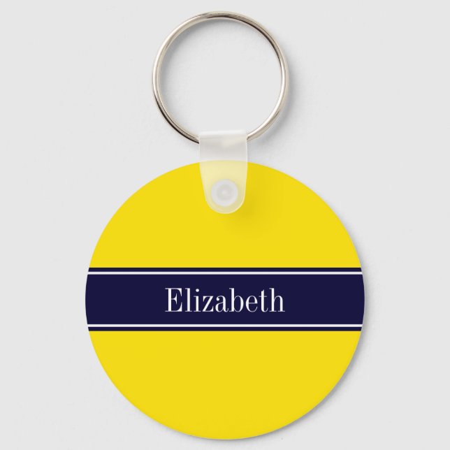 Solid Yellow, Navy Blue Ribbon Name Monogram Key Ring (Front)