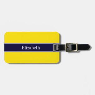 Solid Yellow, Navy Blue Ribbon Name Monogram Luggage Tag