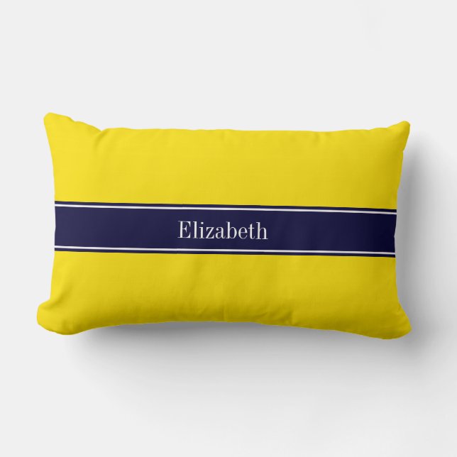 Solid Yellow, Navy Blue Ribbon Name Monogram Lumbar Cushion (Front)