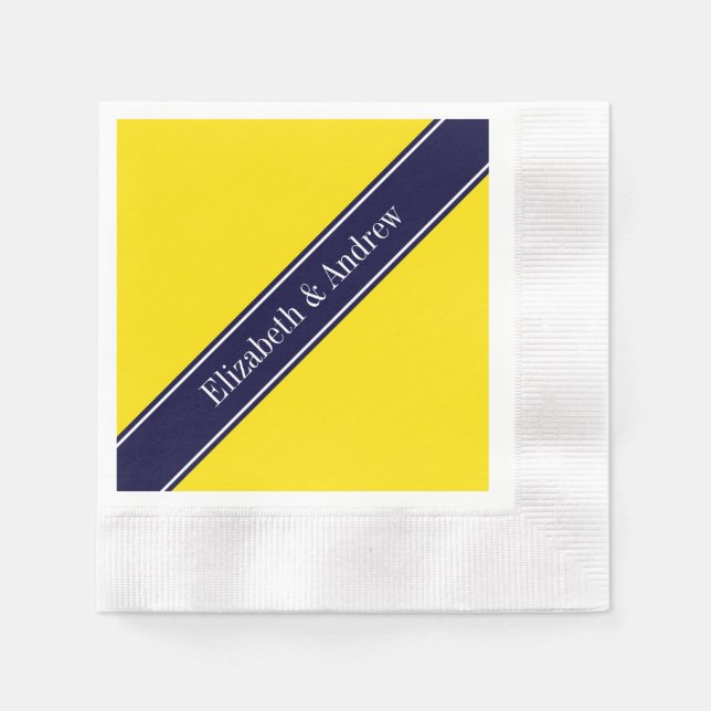 Solid Yellow, Navy Blue Ribbon Name Monogram Napkin (Front)