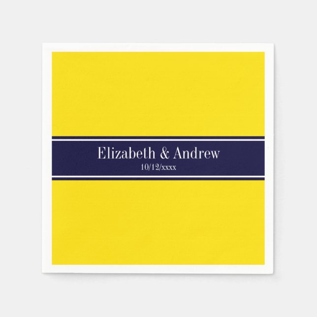 Solid Yellow, Navy Blue Ribbon Name Monogram Napkin (Front)
