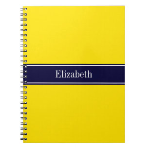 Solid Yellow, Navy Blue Ribbon Name Monogram Notebook