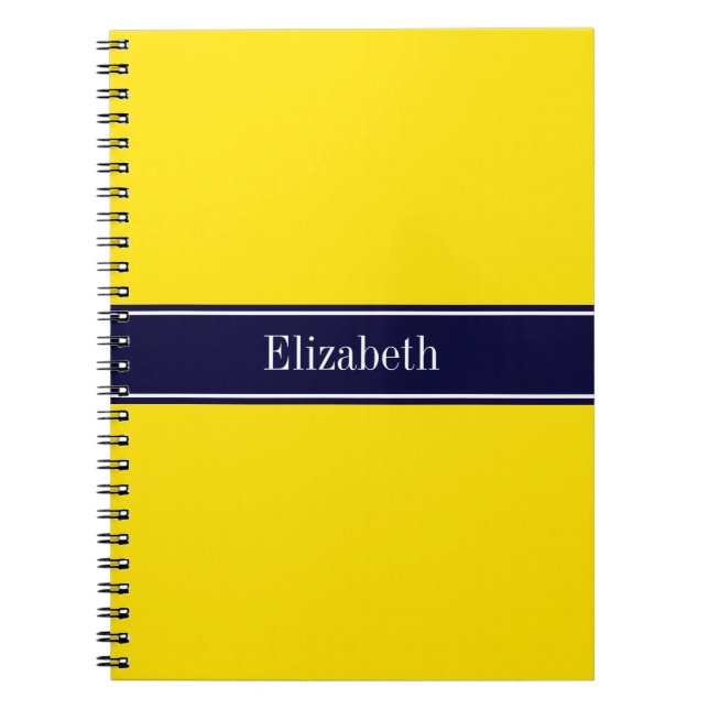 Solid Yellow, Navy Blue Ribbon Name Monogram Notebook (Front)