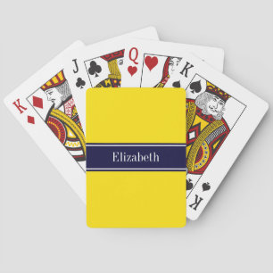 Solid Yellow, Navy Blue Ribbon Name Monogram Playing Cards