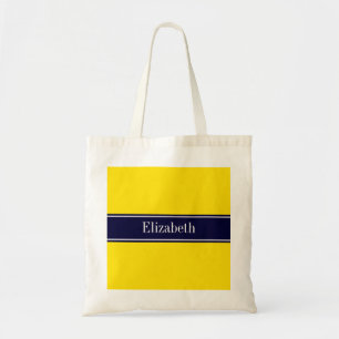 Solid Yellow, Navy Blue Ribbon Name Monogram Tote Bag