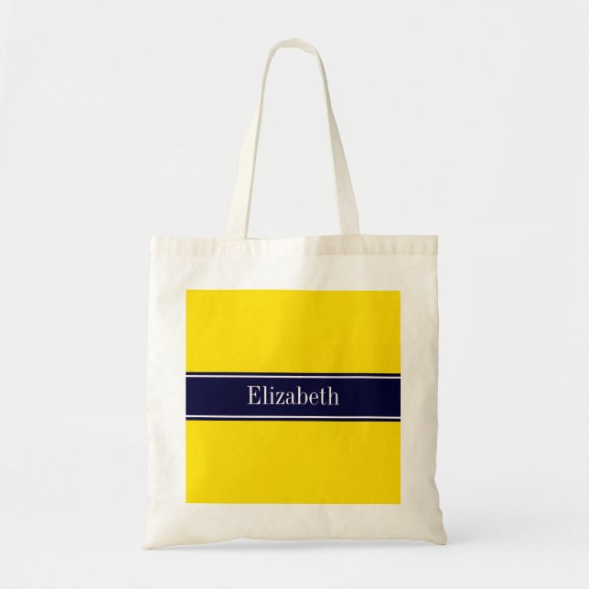 Solid Yellow, Navy Blue Ribbon Name Monogram Tote Bag (Front)