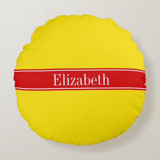 Solid Yellow, Red Ribbon Name Monogram Round Cushion (Front)