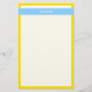 Solid Yellow, Sky Blue Ribbon Name Monogram Stationery