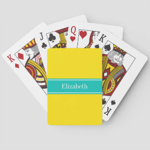 Solid Yellow, Teal Ribbon Name Monogram Playing Cards