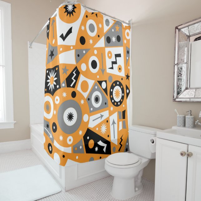 Solidus Orange Geometric Shower Curtain (In Situ)