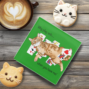 Solitaire Funny Orange Tabby Cat Playing Cards Glass Coaster