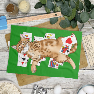 Solitaire Funny Orange Tabby Cat Playing Cards Tea Towel