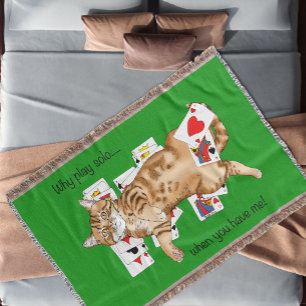 Solitaire Funny Orange Tabby Cat Playing Cards Throw Blanket