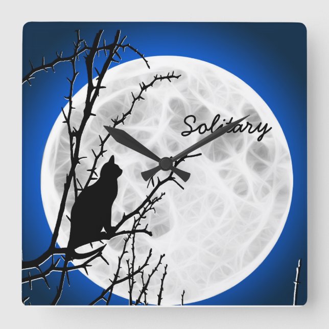 Solitary Black Cat Full Moon Square Wall Clock (Front)