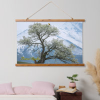 Solitary Blossoming Tree and Snowy Mountains